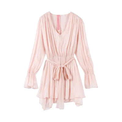Ruffles Mini Dress Women Lace Up  V Neck Long Sleeve Pleated Female Dresses 2025 Elegant Summer Autumn Street Loose Ladies Robes
