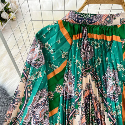 Retro Elegant Sashes O Neck Single Breasted Print Dresses Long Lantern Sleeves A-line Casual High Waist Women Autumn Clothing