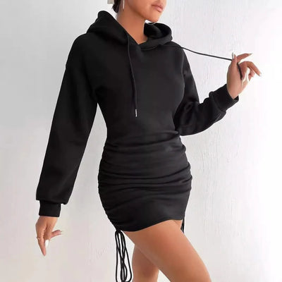 Autumn fashion side drawstring pleated hooded sweatshirt dress for women