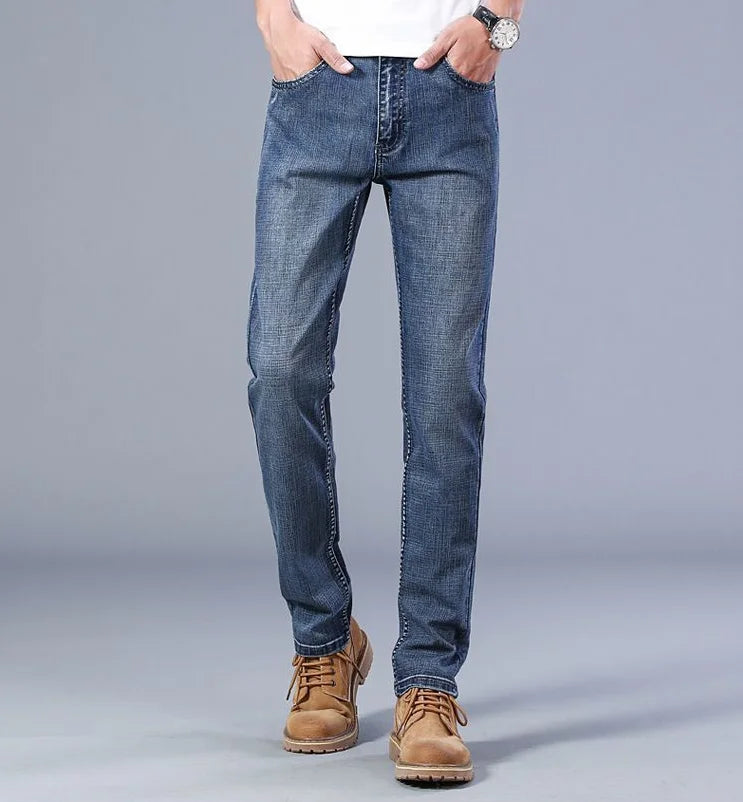 Mens Denim Pants Spring Casual Business Straight Fit Loose Elasticated Jeans Stylish Comfortable Pants for Work and Daily Wear