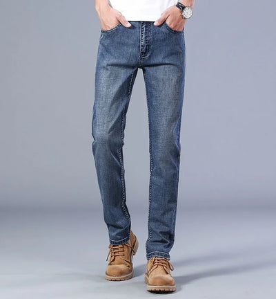 Mens Denim Pants Spring Casual Business Straight Fit Loose Elasticated Jeans Stylish Comfortable Pants for Work and Daily Wear