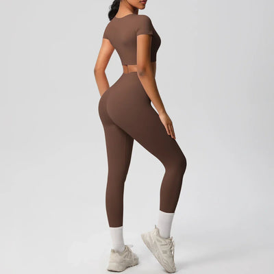 Yoga Set 2 Pieces Women Tracksuits Workout Sportswear Gym Clothing Fitness Short Sleeve With Padded High Waist Leggings Suits