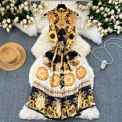 Summer Print Dress Women Sleeveless Elegant High Waist A-line Long Dresses for Women