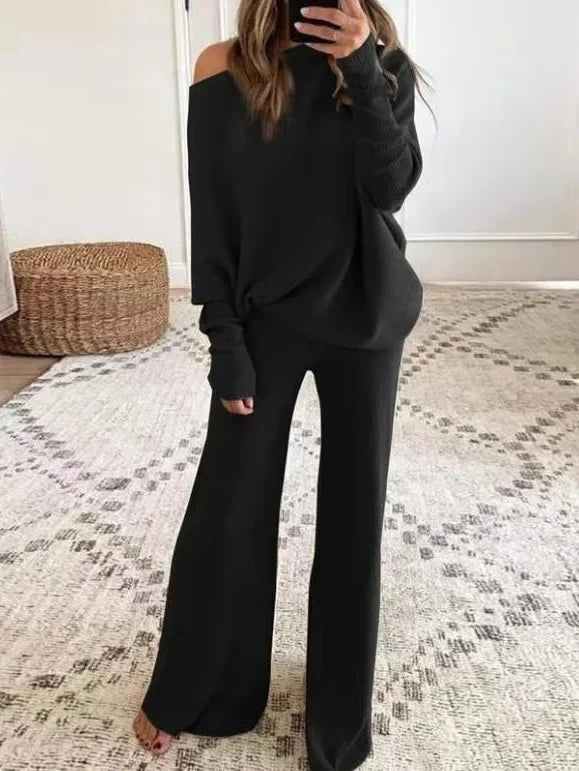 Autumn Winter Fashion 2pcs Suits 2024 Women Outfits Slanted Neck Off Shoulder Top Wide Leg Pants Two-piece Set Women Tracksuits