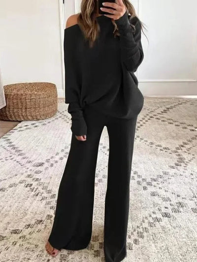 Autumn Winter Fashion 2pcs Suits 2024 Women Outfits Slanted Neck Off Shoulder Top Wide Leg Pants Two-piece Set Women Tracksuits