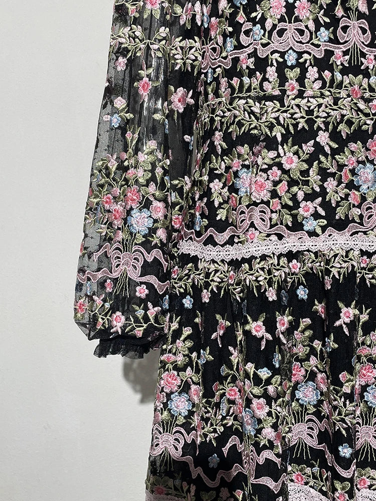 QMQA Fashion Women's Embroidery Dresses Round Neck High Waist Bow Mesh Spliced Long Sleeve Elegant Dress Female 2024 1A102