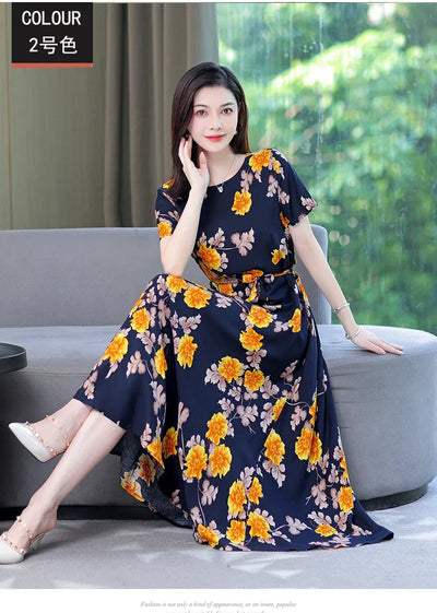 New Fashion 2024 Print Summer Dresses For Women Short Sleeve O-Neck Elegant Summer Dress Woman Clothing
