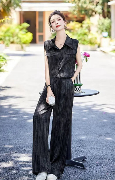 Wear To Work Shirt Ladies Trouser Black Women's Blouse and Pants Two Piece Set Professional Wide Leg Office Baggy Stripe Outfit