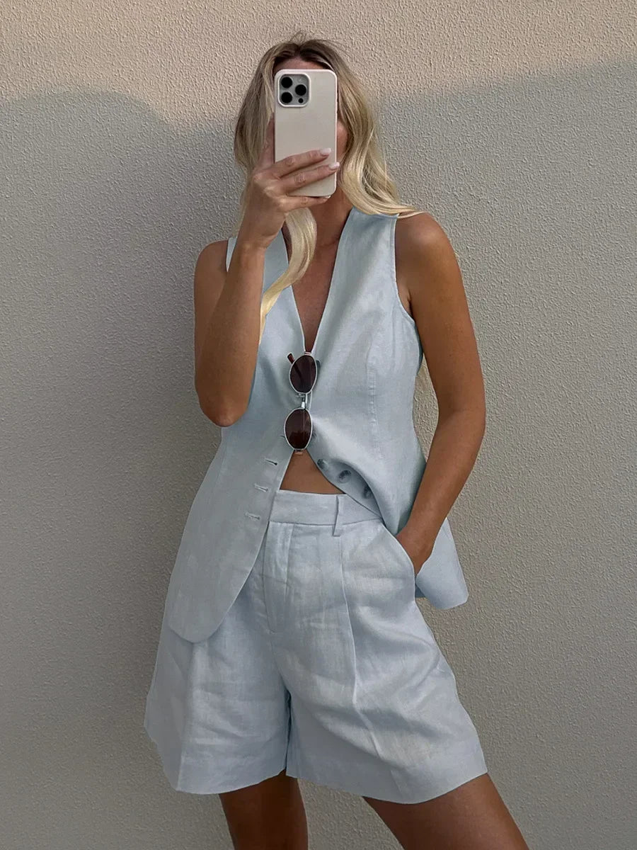 Cotton and Linen Chic Casual Vest Shorts Set Women Summer New Fashion Commuter Sleeveless Single Breasted Tank Top Shorts Suits
