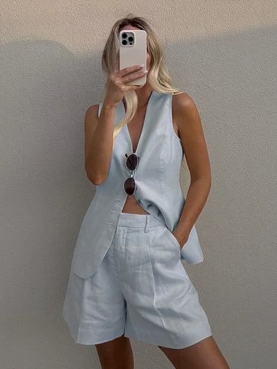 Cotton and Linen Chic Casual Vest Shorts Set Women Summer New Fashion Commuter Sleeveless Single Breasted Tank Top Shorts Suits