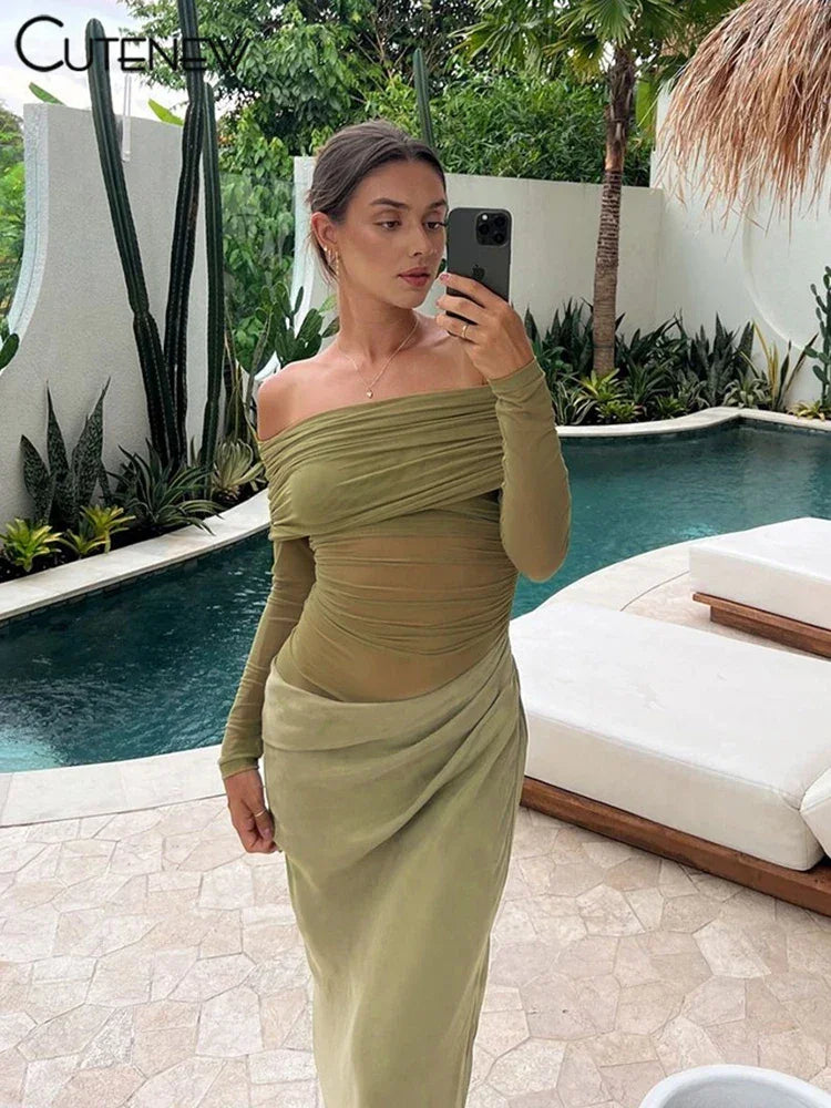 Cutenew Mesh Ruched Women Maxi Dress Sexy See Through Off Shoulder Long Sleeve Sheath Vestidos Female Midnight Party Solid Robe