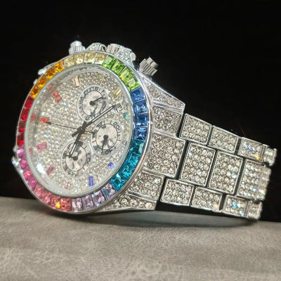 2025 Top Luxury Watch For Men Fashion Ice Diamond Hip Hop Rainbow Diamond Multifunction Man Quartz Wristwatch Gift Dropshipping
