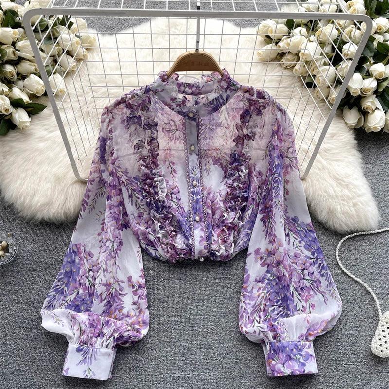 Women Ruffles Lace Floral Print Retro Elegant Button Shirts Summer Fashion Sweet Chic Stand Collar Long Sleeve Blouse Loose Tops