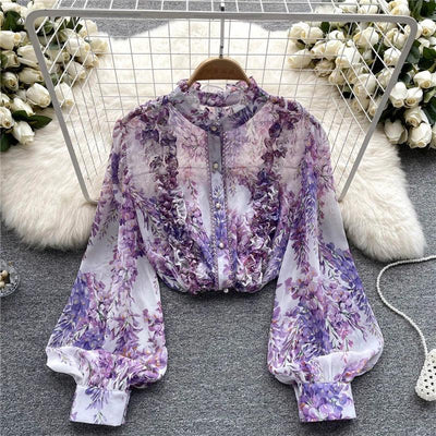 Women Ruffles Lace Floral Print Retro Elegant Button Shirts Summer Fashion Sweet Chic Stand Collar Long Sleeve Blouse Loose Tops