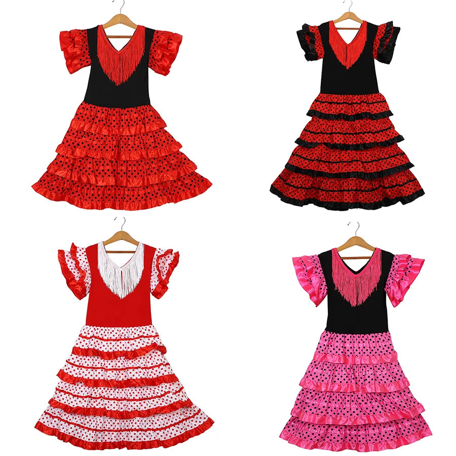 Dress Women 2025 Europe America Short Sleeve Midi Dress Traditional Spanish Dance Dress For Girls Festival Tassel Dot Dress