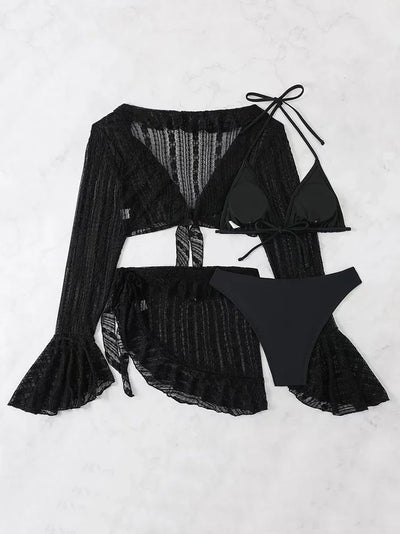 2025 Sexy Four-piece Women Swimsuit Long-sleeve Cover-up Swimwear Summer Solid Bikini Set Brazilian Beachwear Party bathing suit