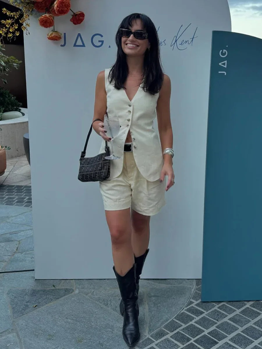 Cotton and Linen Chic Casual Vest Shorts Set Women Summer New Fashion Commuter Sleeveless Single Breasted Tank Top Shorts Suits