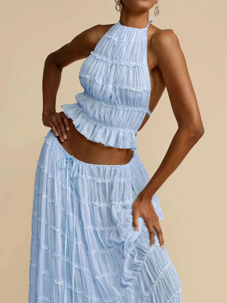 2025 Women Summer Loungewear Suits, Halter Short Top Maxi Skirts 2PCS Matching Sets, White Color Fashion Backless Ladies Outfit
