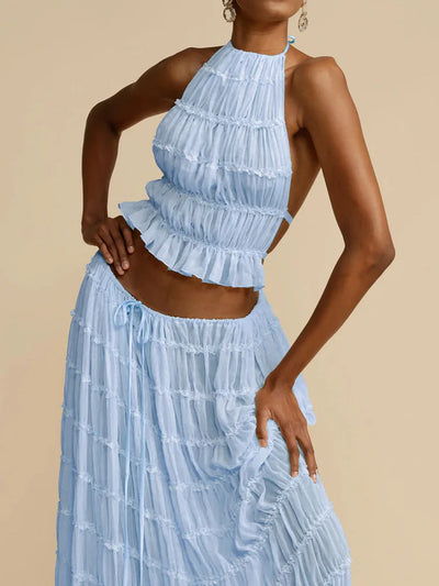 2025 Women Summer Loungewear Suits, Halter Short Top Maxi Skirts 2PCS Matching Sets, White Color Fashion Backless Ladies Outfit