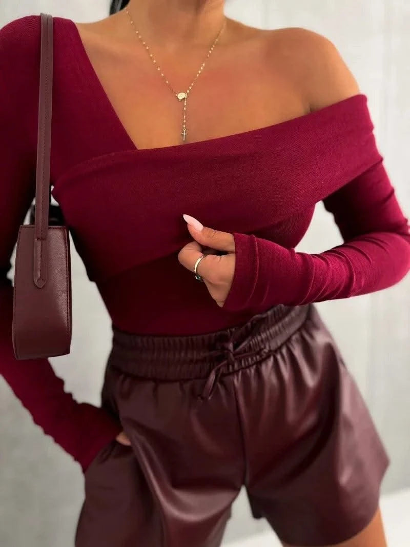 Black Sexy Tops Off Shoulder Long Sleeve T-shirt Women's