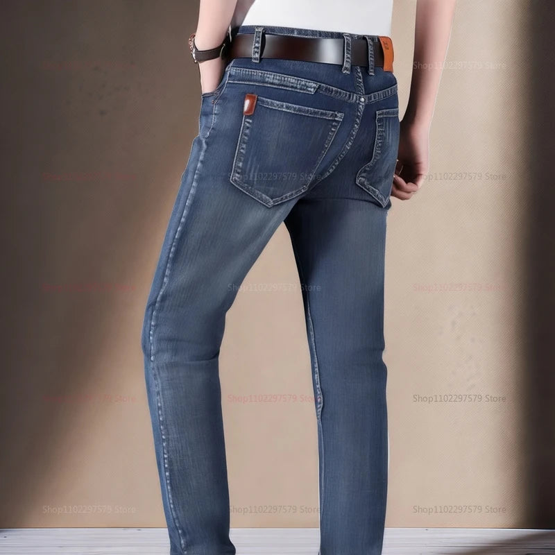 Men’s Denim Pants Spring Casual Business Straight Fit Loose Elastic Waist  Stylish Comfortable Pants for Work and Casual Wear