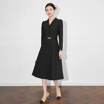 Dresses For Women 2024 Luxury Brand Autumn Long Dress Women's Turn-down Collar Sleeves Single Breasted Sashes Office Lady