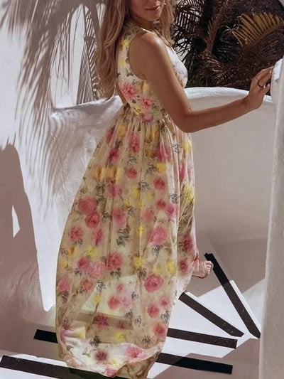 Summer Women Dress Floral Print Fashion Slim V-Neck Tie-Up Backless Chiffon Sexy Sleeveless Slit Maxi Cover-Ups Robe Beach Dress
