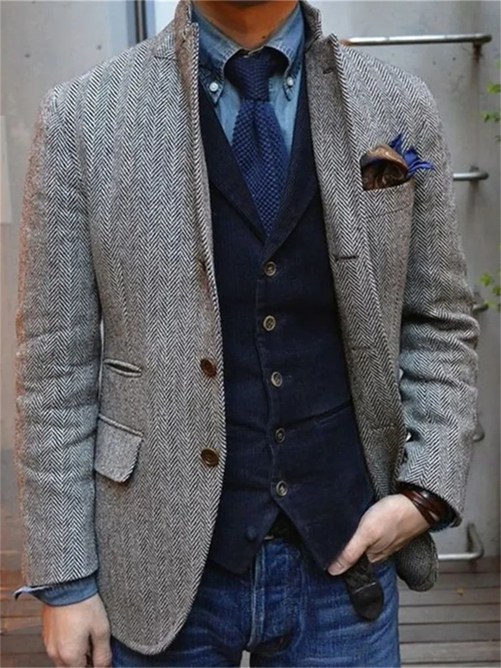1Pieces Men's  Herringbone Single Breasted Slim Fit Casual Men's Blazers Sets Wool Coat for Men Blazers Luxury Designer Male