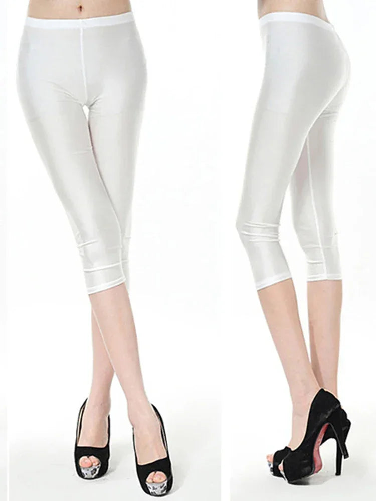CUHAKCI Fluorescent Color Women Leggings Shiny Leggins Spandex Pants Summer Super Elastic Fitness Capris