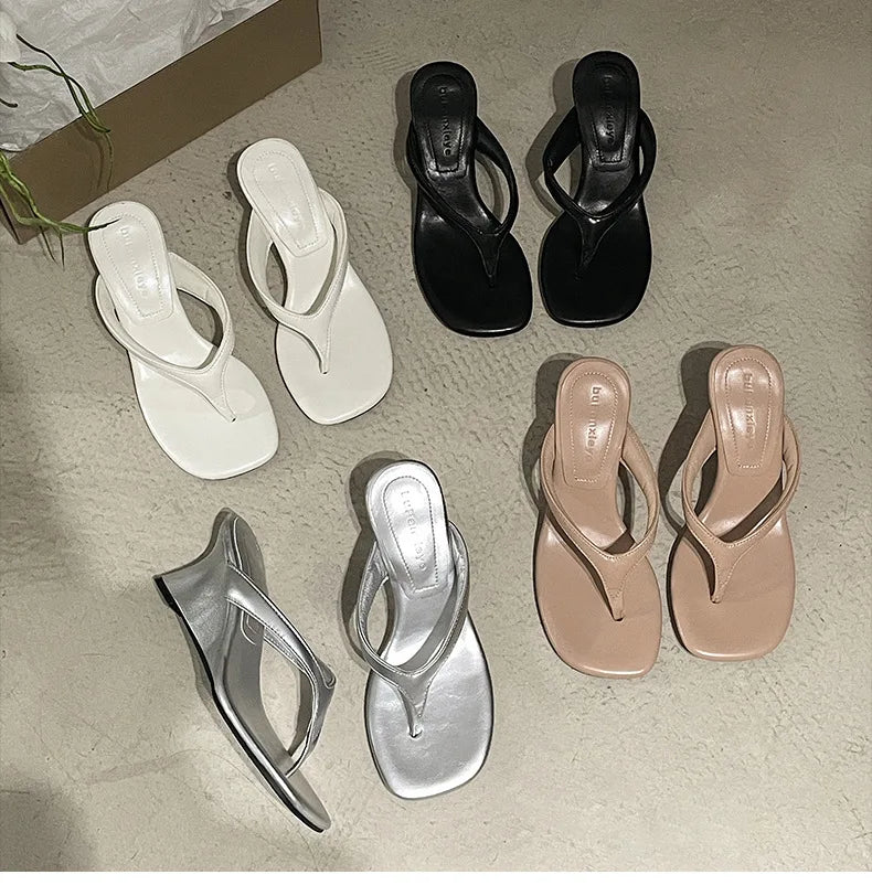 Women High-heeled Slippers 2025 Summer Clip Toe Flip Flop Fashion Pumps French Wedge Sandals Square Toe Ladies Shoes Sandalias