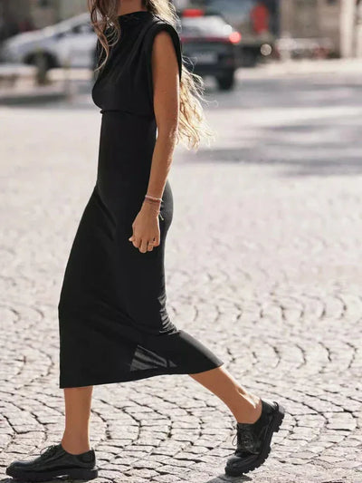 ZBZA Women's Slim Party Dresses Round Neck Sleeveless Shoulder-padded Bodycon High Waist Midi Dress Spring New Female Chic Dress