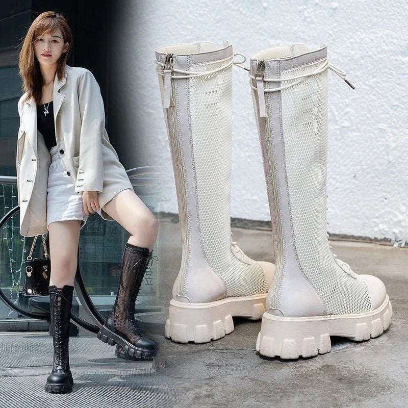 2025New Boots for Women Fashion Knee-high Boots Summer Breathable Hollow Out Mesh Boots Non Slip Platform Boot Punk Botas Mujer