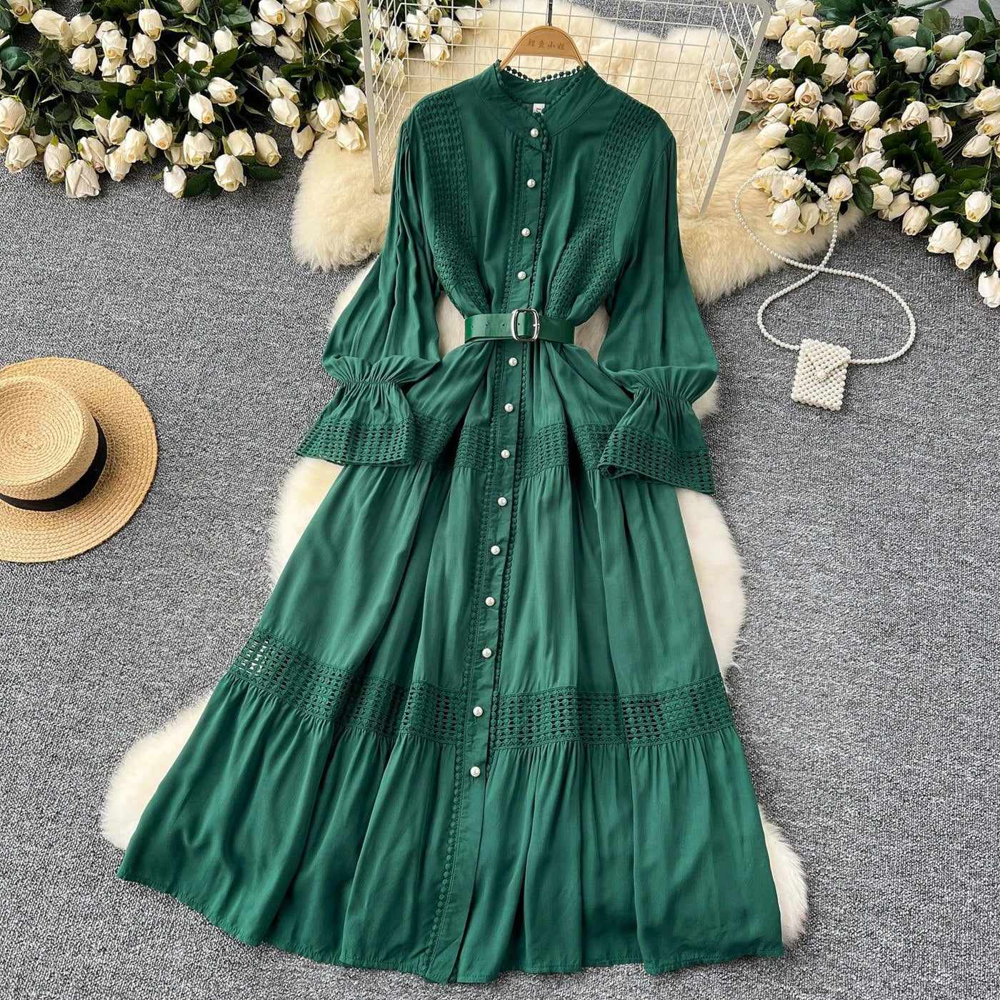 Retro Elegant Summer Stand Collar Flare Sleeve Single Breasted Lace Spliced Dress A-line French Evening Party Women Dresses