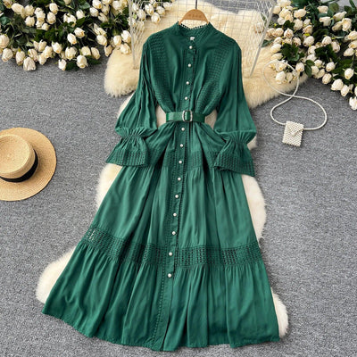Retro Elegant Summer Stand Collar Flare Sleeve Single Breasted Lace Spliced Dress A-line French Evening Party Women Dresses