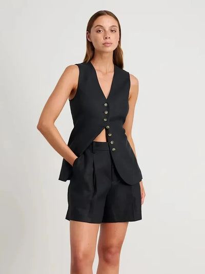 Cotton and Linen Chic Casual Vest Shorts Set Women Summer New Fashion Commuter Sleeveless Single Breasted Tank Top Shorts Suits