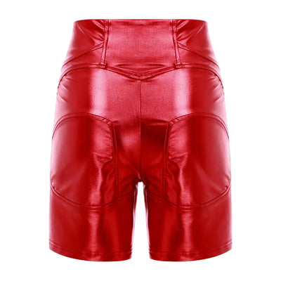 Womens Metallic Shiny Biker Tights Shorts High Waist Front Zipper Pockets Bodycon Short Leggings Motor Riding Dance Shorts