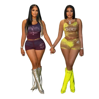 Sexy Biker Short Set Outfit Women 2025 Summer Fashion Tie Dye Print Diamonds Letter Rib Tank Top and Shorts 2 pcs Workout Sets