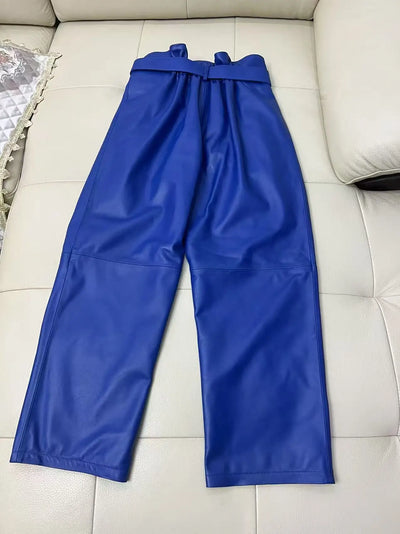 Stylish Genuine Leather Pants Women Sheepskin Bow Tie Lace High Waist Trousers Mujer Khaki/Green Straight Wide Leg Pantalon