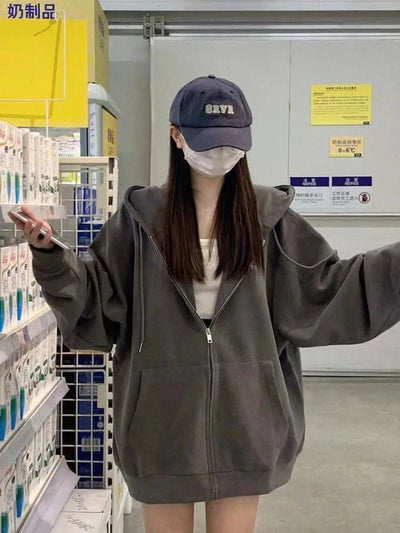 Korean Fashion Zipper Hood Sweatshirt Women Autumn Long Sleeve Tops Casual Y2K Hoodies Streetwear Harajuku Loose Jackets Coats