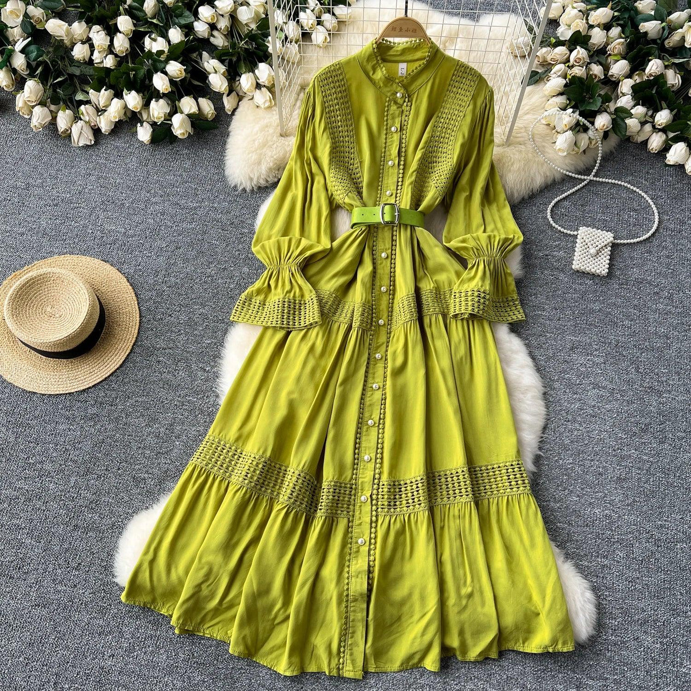 Retro Elegant Summer Stand Collar Flare Sleeve Single Breasted Lace Spliced Dress A-line French Evening Party Women Dresses