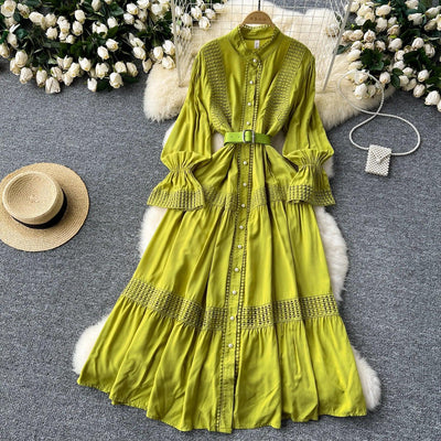 Retro Elegant Summer Stand Collar Flare Sleeve Single Breasted Lace Spliced Dress A-line French Evening Party Women Dresses