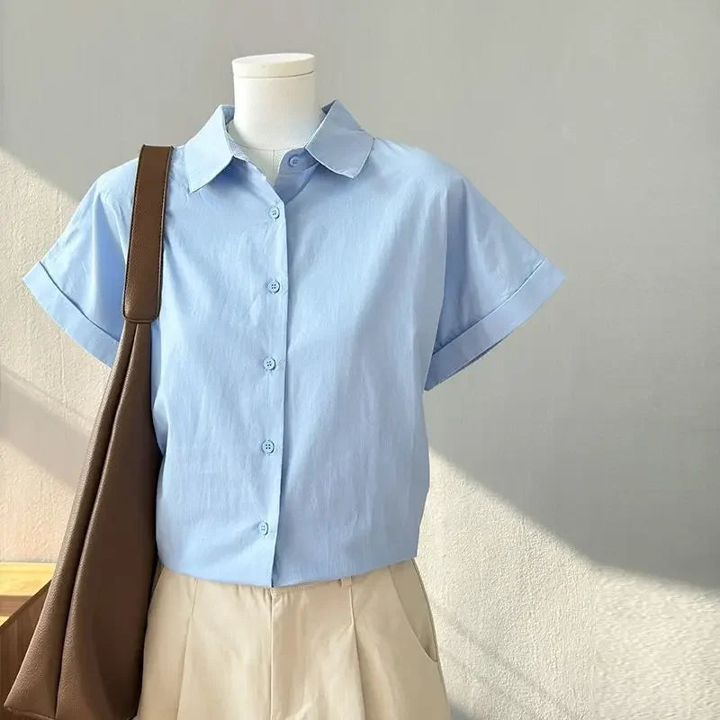 Women Clothing Summer Fashion Casual Button Solid Color Polo Collar Female Simplicity Temperament Appear Thin Short Sleeve Tops