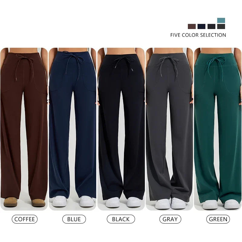 Women's High Waist Yoga Pants Gym Loose Running Yoga Pants Double Side Brushed with Pockets Pants Ties