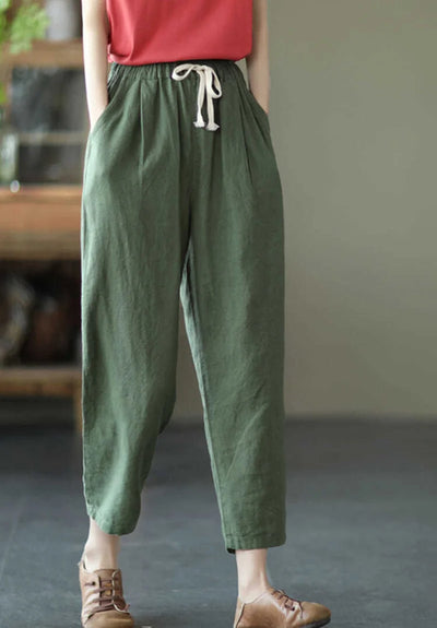 2024 Spring Summer Cotton Linen Pants Women Solid Color Casual Ankle-length Pant Woman Lace-up Waist Loose Trousers