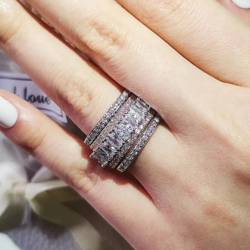 Luxury Two-Tone Wide Rings for Women Full Brilliant Cubic Zirconia Exquisite Superb Party Jewelry Trendy Chic Accessories