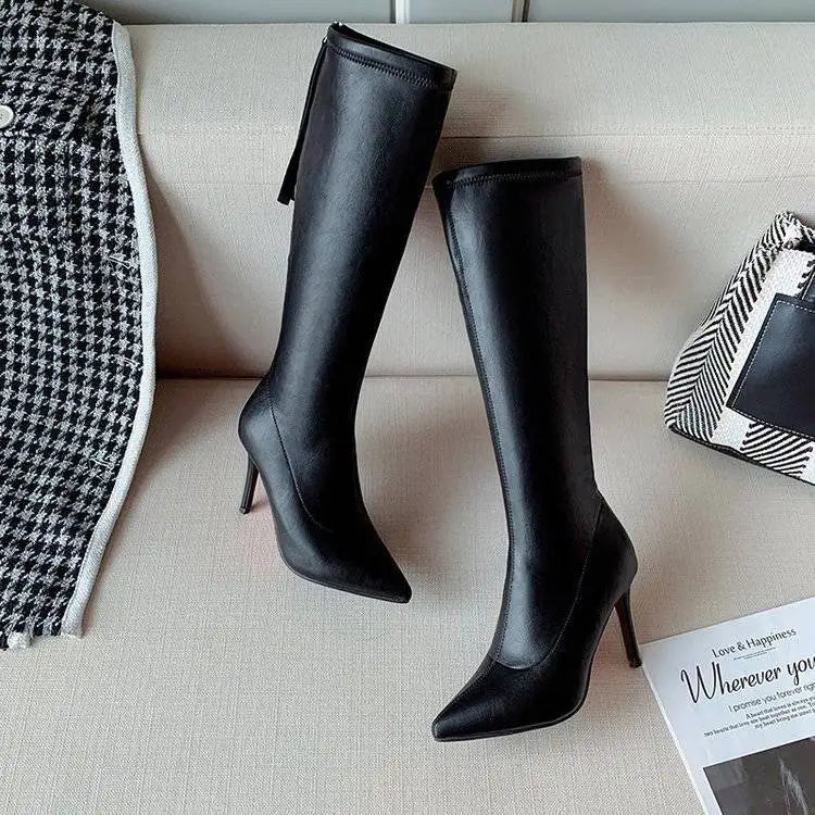 Women's Boots Elegant Heeled Long Footwear Winter Knee High Shaft Heels Shoes for Woman Pointed Toe Tassel Chic Fashion 2024 Hot