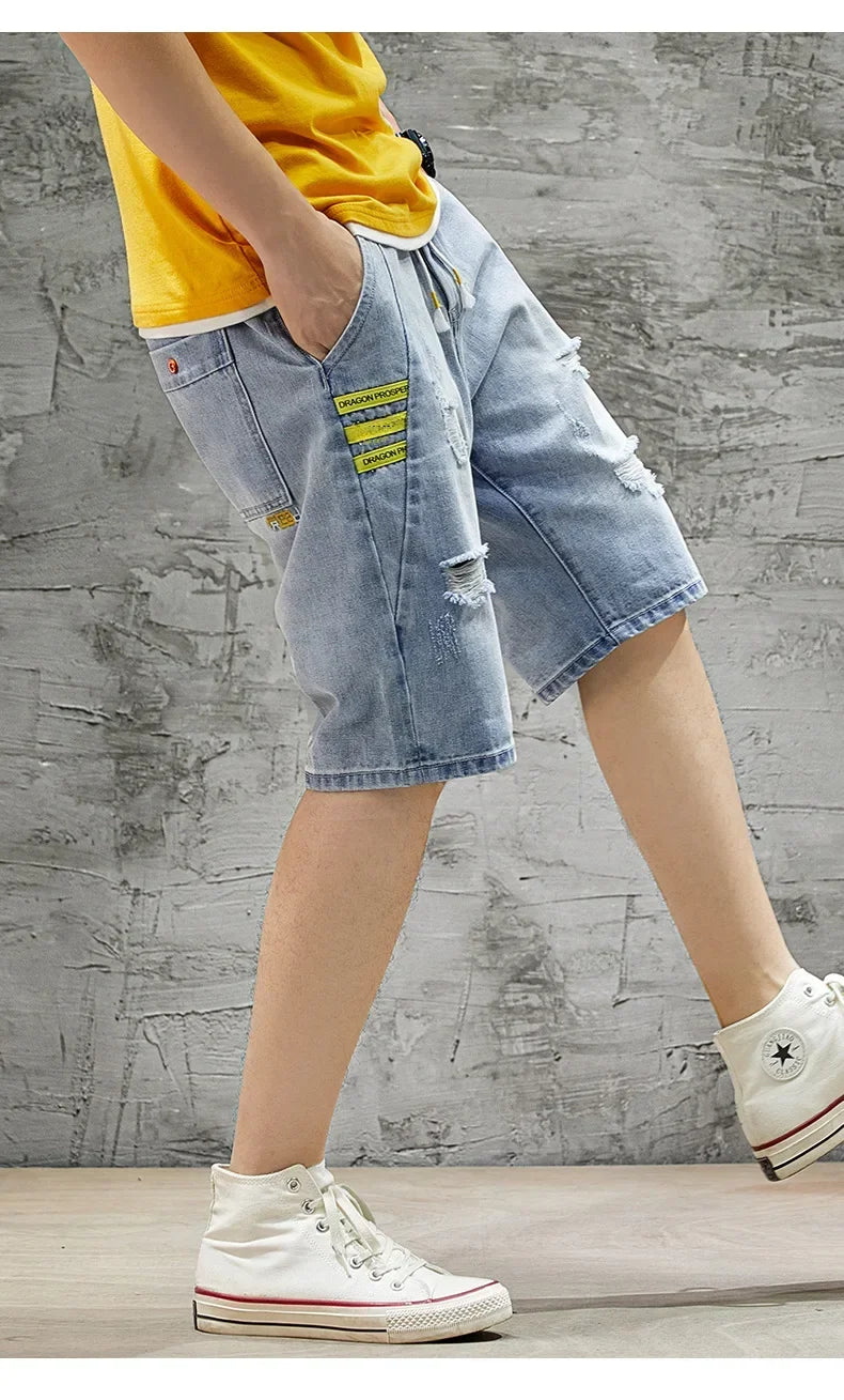 Summer Denim Shorts For Men Trendy Ripped Elastic Waist Loose Fit Casual Jeans 5 Minute Length Middle Pants
