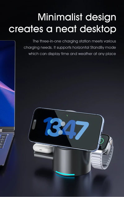 3 in 1 Wireless Charging Station for iPhone16/15/14/13/12 AirPods iWatch for Magsafe Rotation qi2 15W Fast Charging Station
