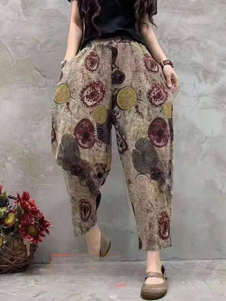 Fashion Printed Cotton Linen Harem Pants for Women 2025 Summer Casual High Waist Calf-Length Loose Trousers Female Streetwear