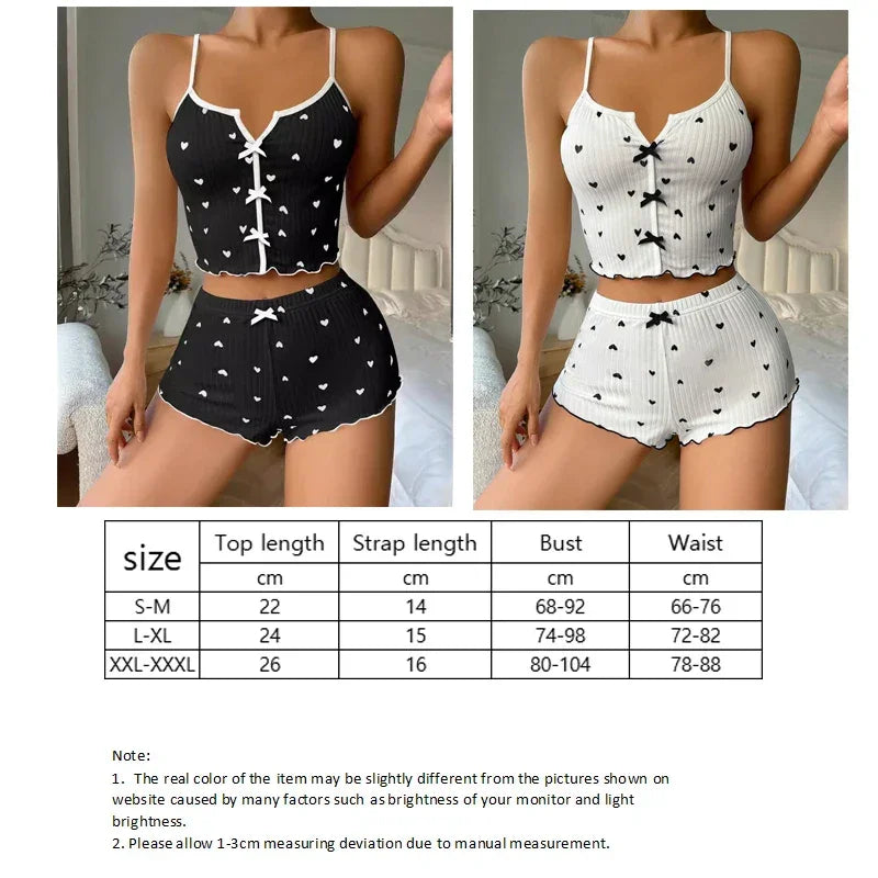 2 Pieces Set Women's Pajama Shorts Heart Print Pajama Set Sexy Lingerie Camisoles Tanks Nighty Female Loungewear Homewear Suits